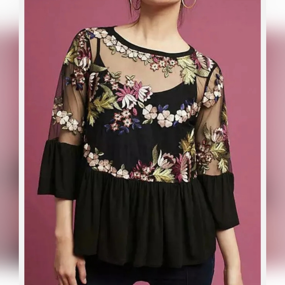 Eri + Ali Anthropologi Floral Embroidery Mesh Peplum Blouse